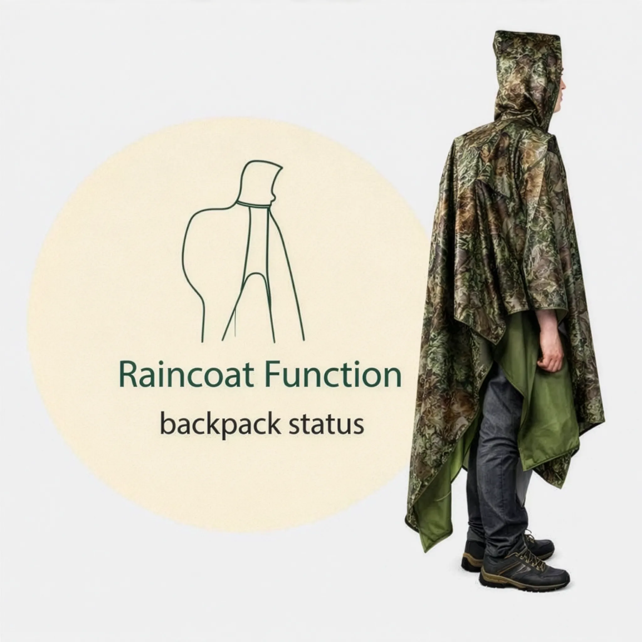image showing camouflage rain poncho rain poncho covering backpack