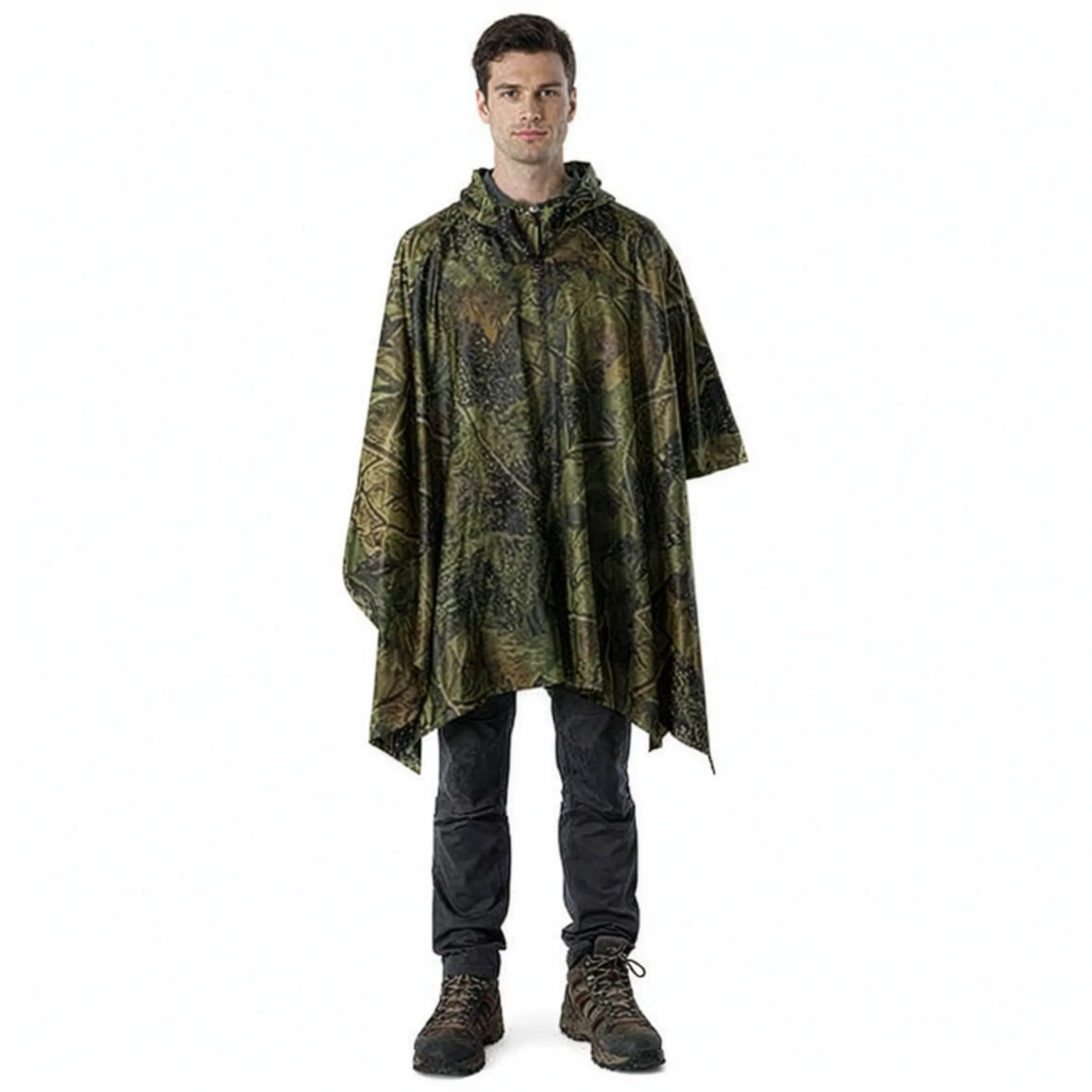 main wearing a camo rain poncho with out the hood on