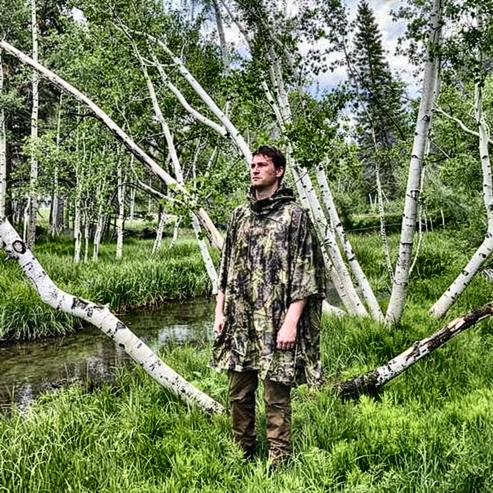 man wearing camo poncho without the hood