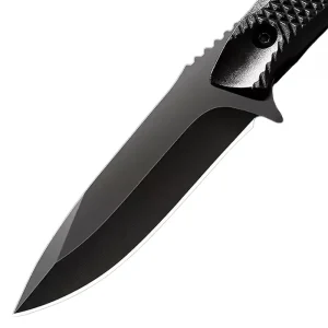 Close-up of Fixed Blade Tactical Knife blade with fine edge and black finish