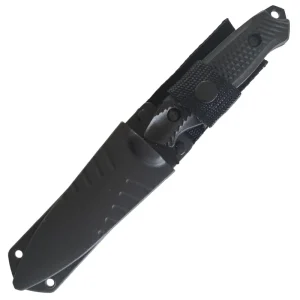 Fixed Blade Tactical Knife fully inserted in sheath with snap strap locked
