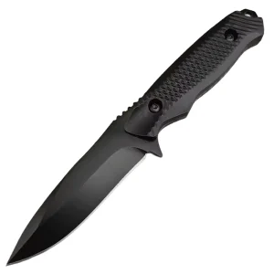 Full view of Fixed Blade Tactical Knife with textured handle and matte black blade