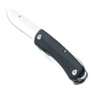 black pocket knife with knife blade fully opened