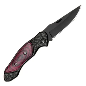 black pocket knife with red wood grain handle