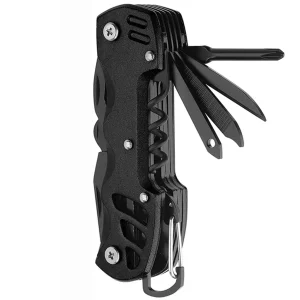 black pocket knife opened showing small tools