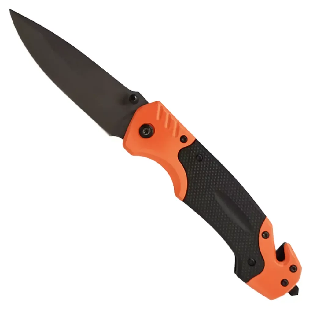 hi vis folding knife with oranage and black handle with blade fully open