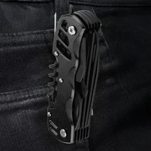 pocket knife attached to belt with built in clip