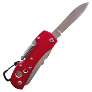 red pocket knife with blade open fully