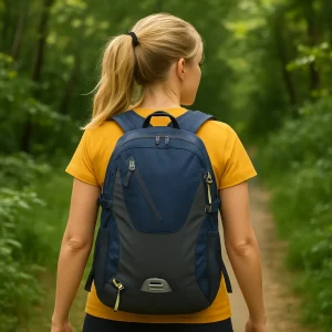 Woman wearing navy blue backpack
