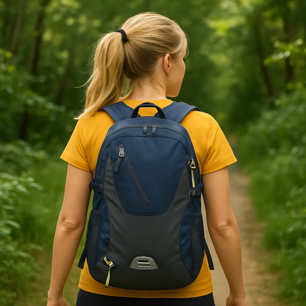 Woman wearing navy blue backpack