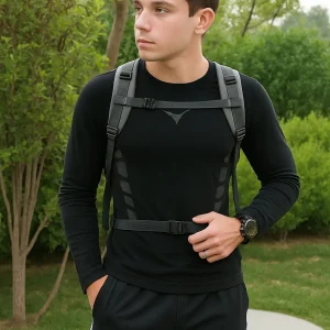 young man wearing hydration backpack