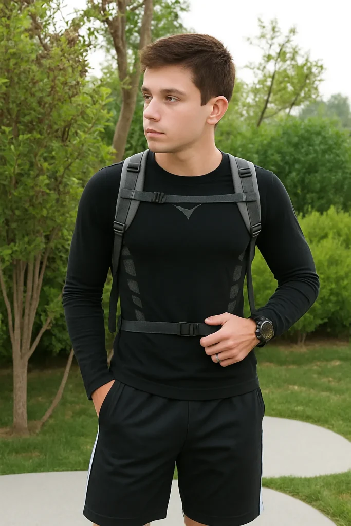 young man wearing hydration backpack