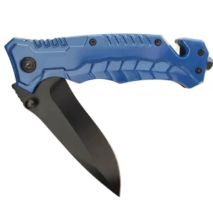 blue fold out knife with blade partially opened