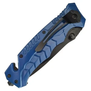 blue foldable knife with black blade fully closed belt clip side