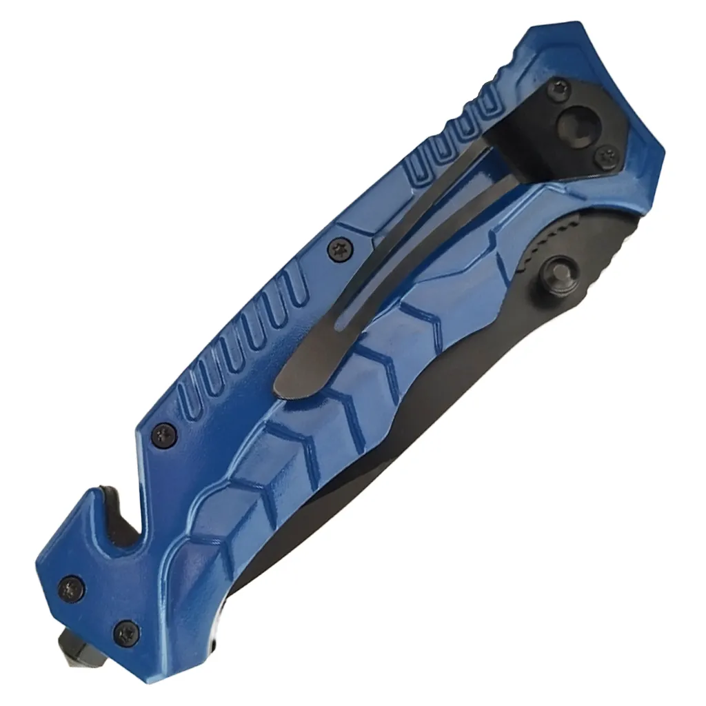 blue foldable knife with black blade fully closed belt clip side