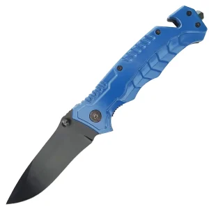 blue folding knife with blade fully extended