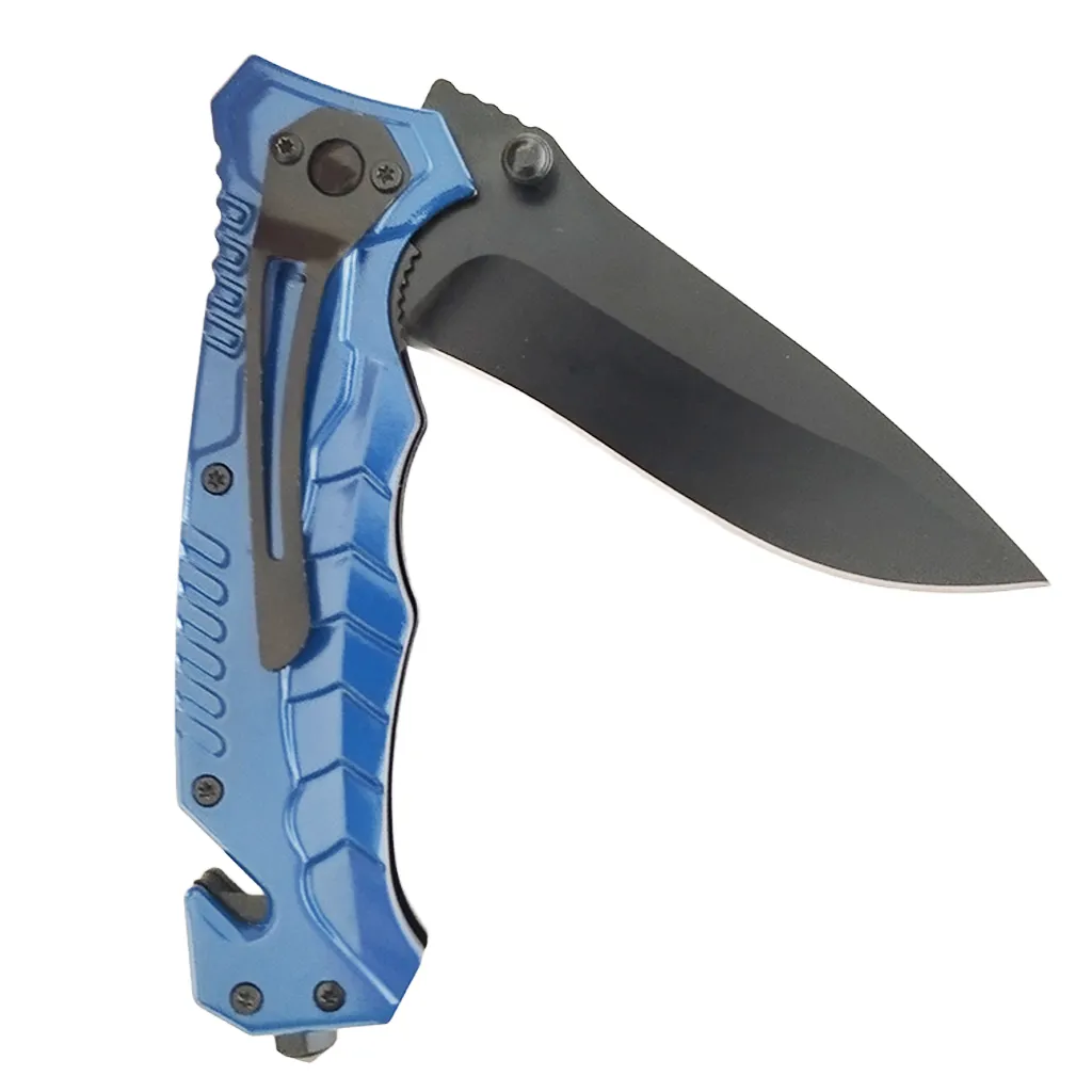 blue folding knife with bladed partially open