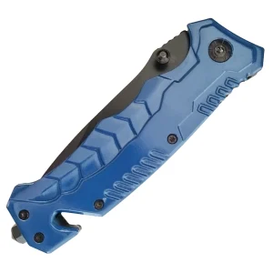 folding knife with blue handle with blade fully closed
