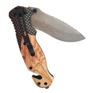 folding knife with synthetic wooden look handle with blade partially open belt clip side