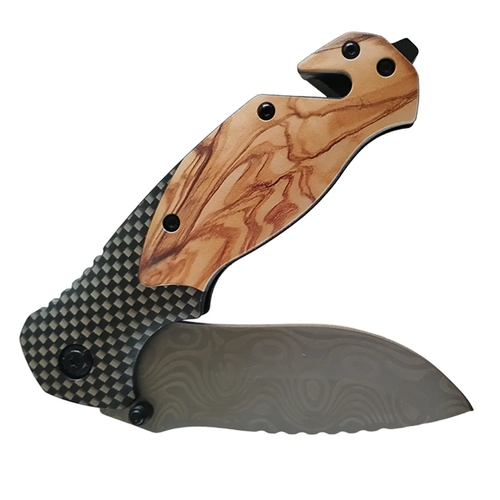 folding knife with synthetic wooden look handle with blade partially open