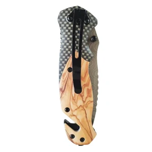 knife with wooden look handle fully close belt clip side