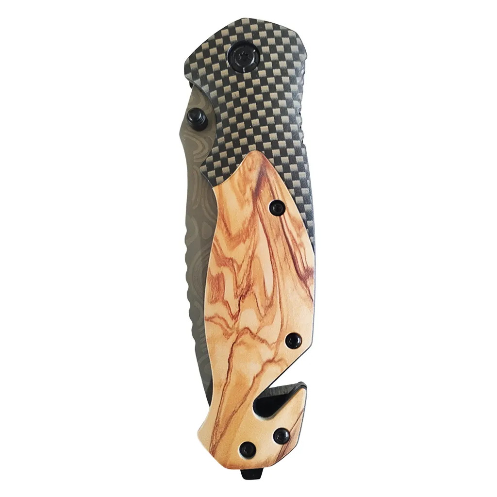 knife with wooden look handle fully closed