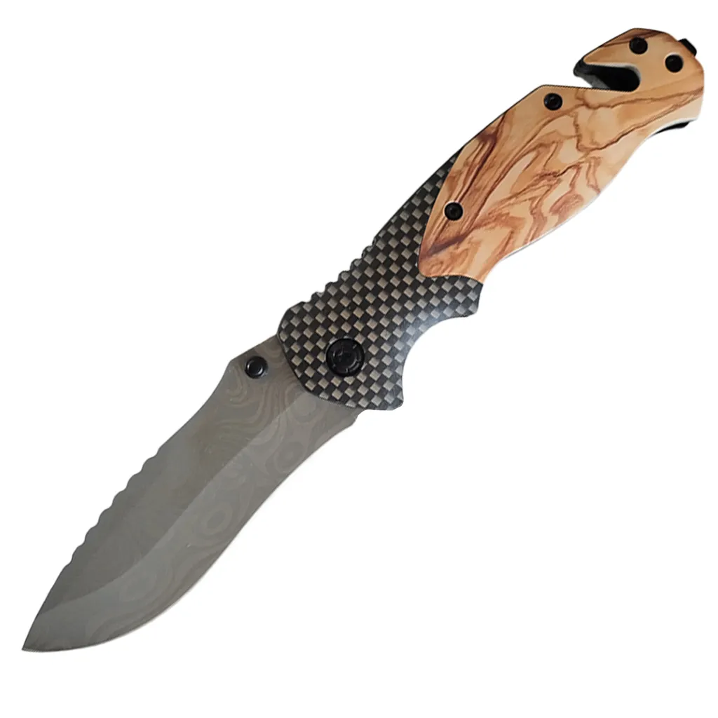 knife with wooden look handle fully opened