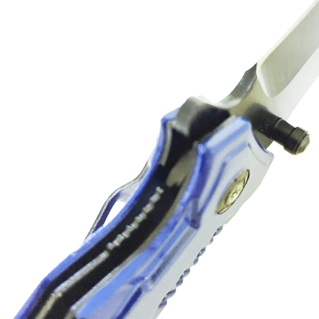 showing locking mechanisem on blue handled foling knife