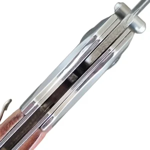 Folding knife lock detail – stainless steel partial lock system on 20cm pocket knife with wood handle