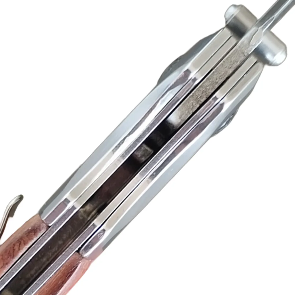Folding knife lock detail – stainless steel partial lock system on 20cm pocket knife with wood handle