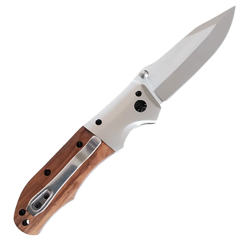 Folding pocket knife open view with clip – 20cm stainless steel blade and wooden handle for camping and utility tasks