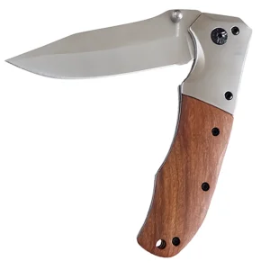 Half-open folding knife with wooden handle – 20cm pocket knife showing stainless steel blade angle