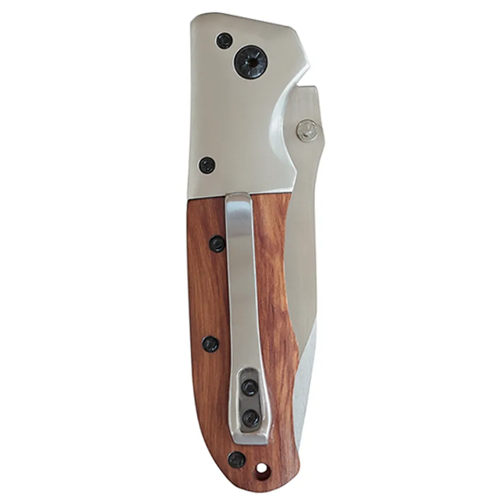 Vuno 20cm folding knife closed view with stainless steel clip and wooden handle – compact pocket knife for everyday carry