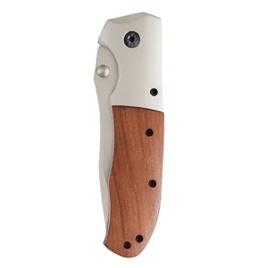 Vuno 20cm folding pocket knife closed front view – stainless steel and wood handle design