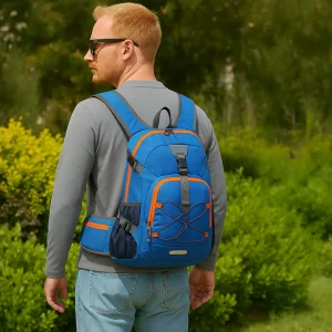 blue 20l day pack on a mans back
