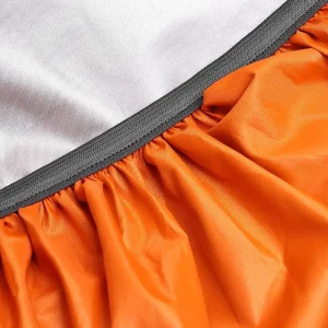 close up of orange backpack rain cover to show quality of stitching and workmanship