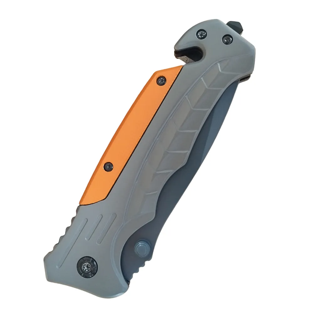 closed folding pocket knife with grey and orange handle