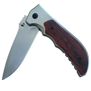 folding pocket knife with wood grain look handle and belt clip
