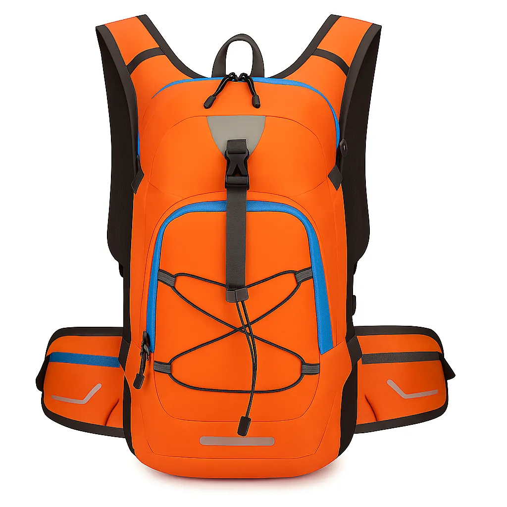 front on view of orange backpack for day hiking