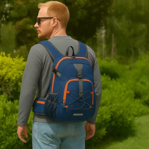 man wearing a navy blue backpack for day hikes