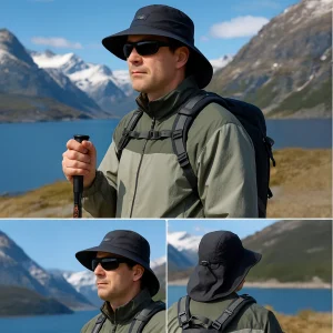 neck flap hat shown on model hiking in new zealand