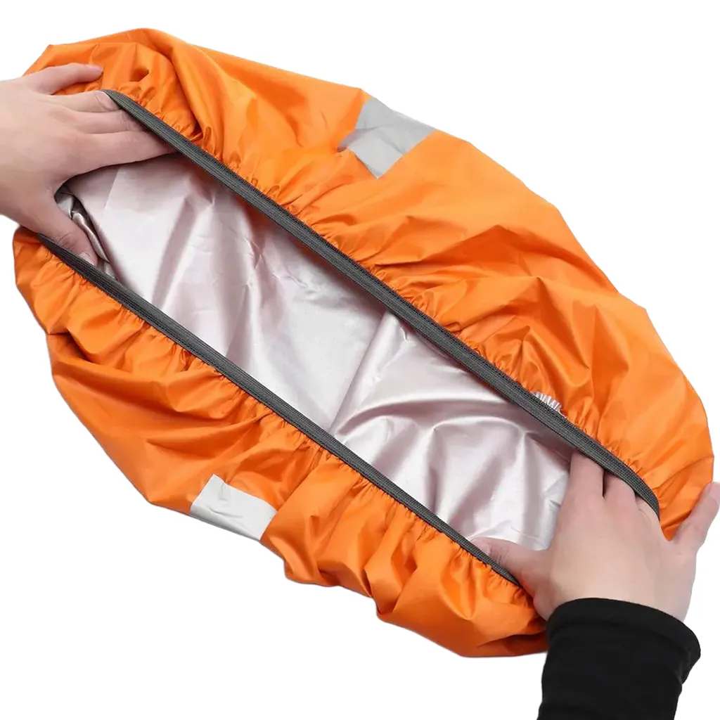 orange coloured rain cover for backpacks stretch out to show elasticity