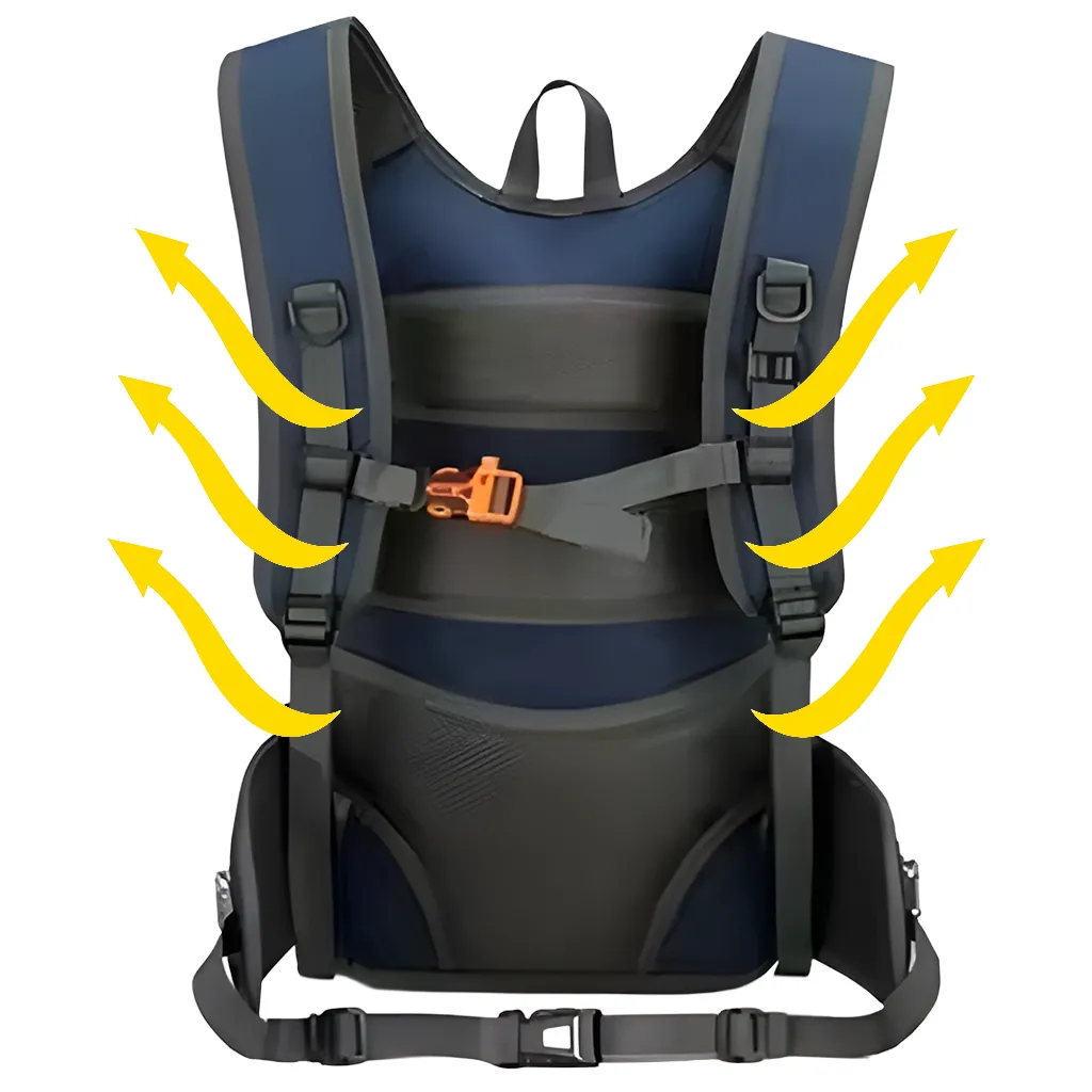 rear view of 20L navy blue Backpack showing ventilation flow