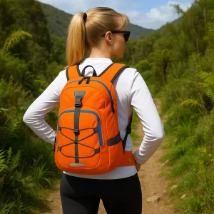 woman wearing an orange backpack