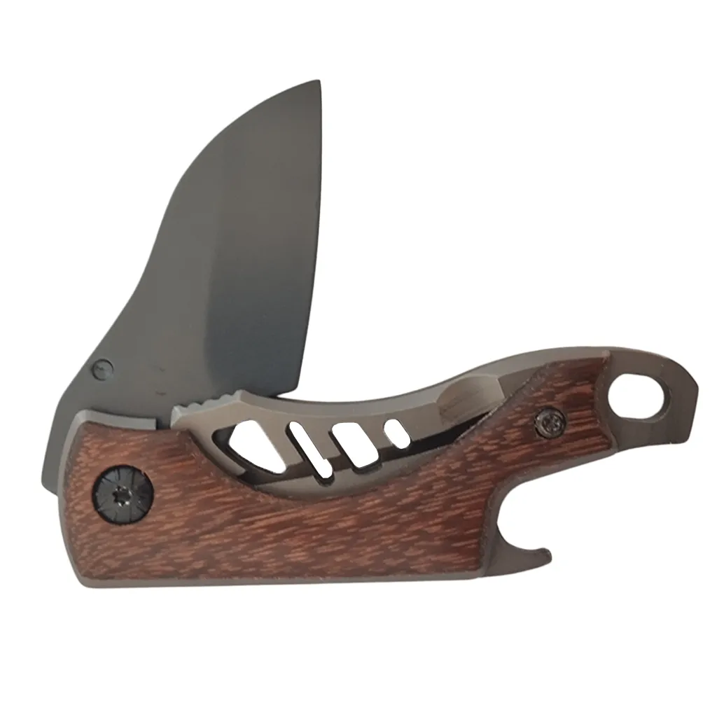 blade partly open on pocket knife with wooden handle and bottle opener