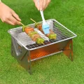 Mini BBQ grill for hiking used outdoors on grass cooking skewers