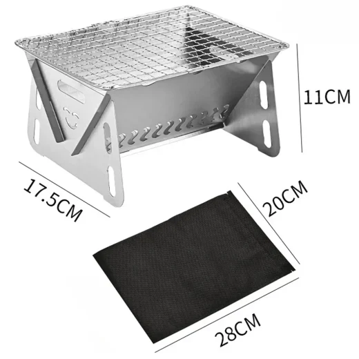 Mini BBQ grill for hiking with size measurements 11cm height and 17.5cm width