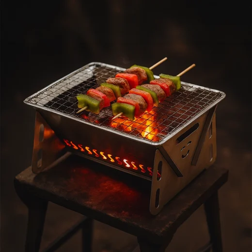 Stainless steel mini BBQ grill for hiking with glowing coals at night