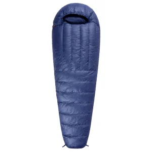 navy blue down sleeeping bag straight with bag fully closed