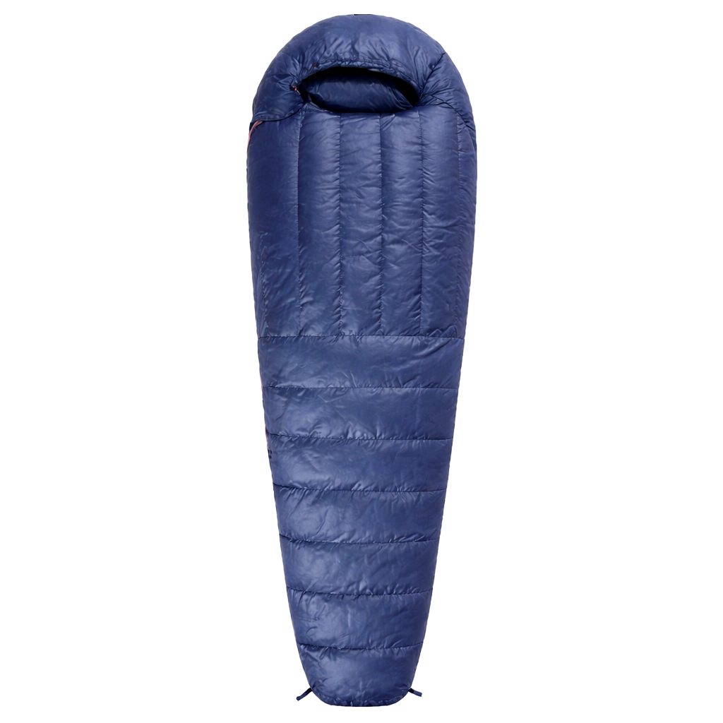 navy blue down sleeeping bag straight with bag fully closed